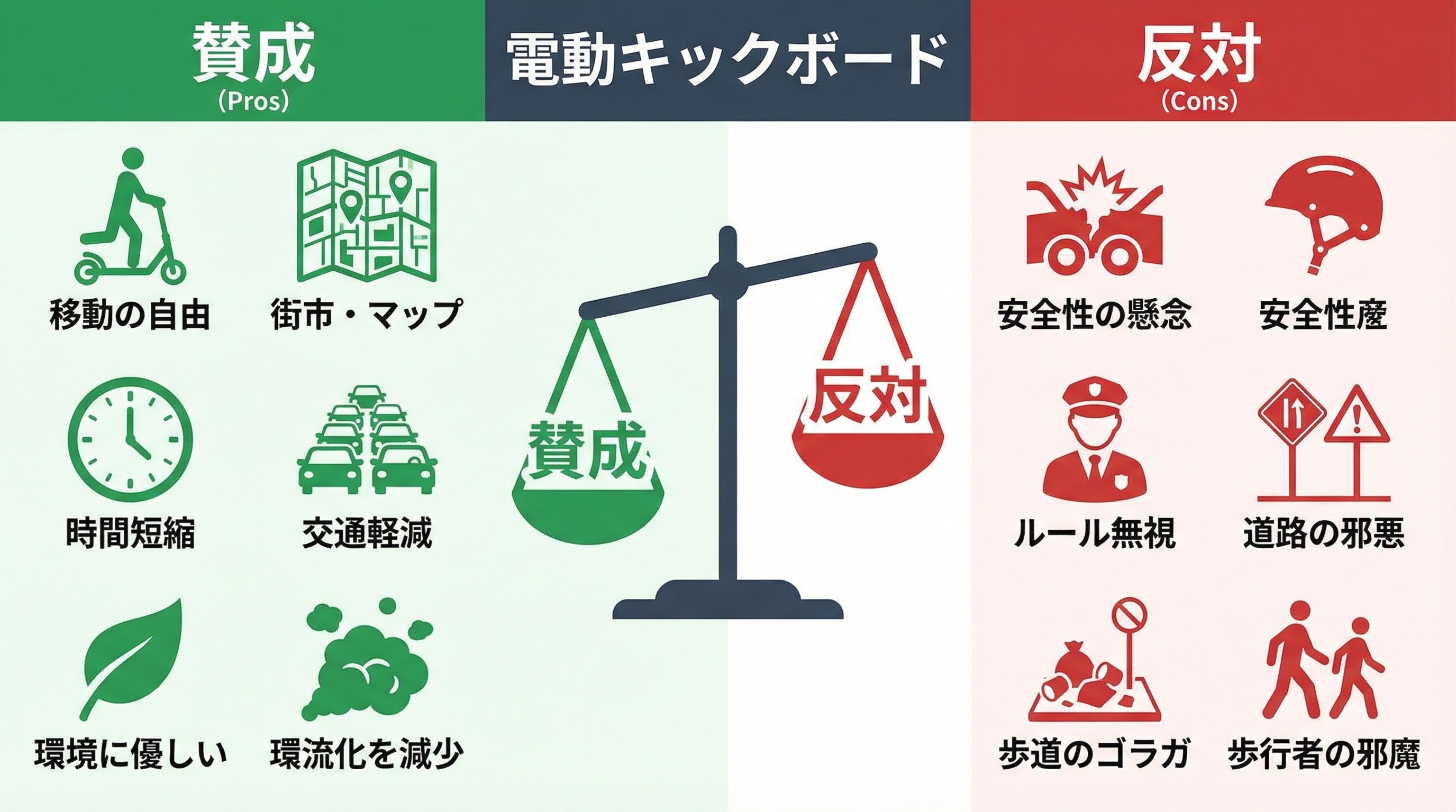電動キックボードの賛成・反対を比較した天秤インフォグラフィック｜移動の自由・環境配慮vs安全性懸念・ルール無視