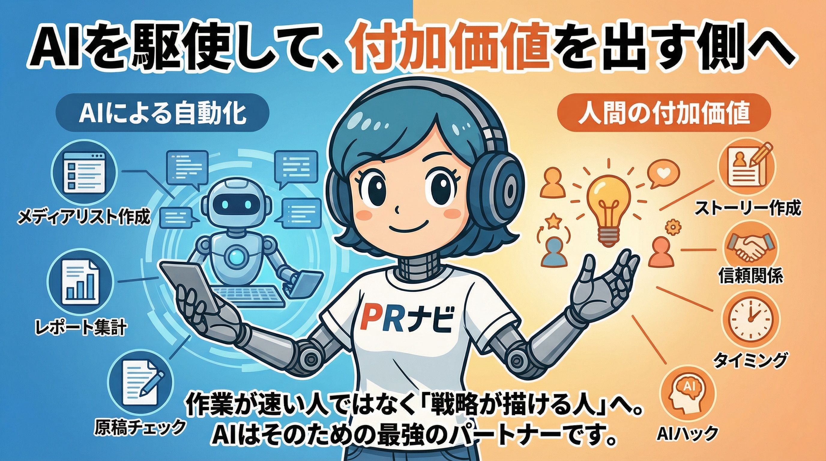 AIを駆使してメディアリスト作成、レポート集計、原稿チェック、AIハック機能を活用する広報戦略イラスト