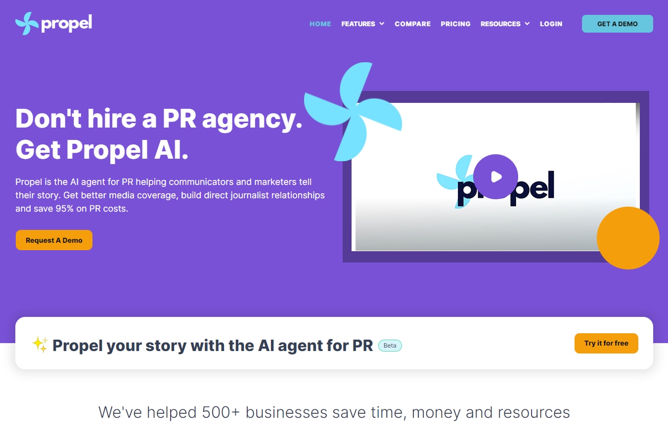 Propel AI PR プラットフォームのホームページ。PR コスト 95%削減と記者関係構築を実現