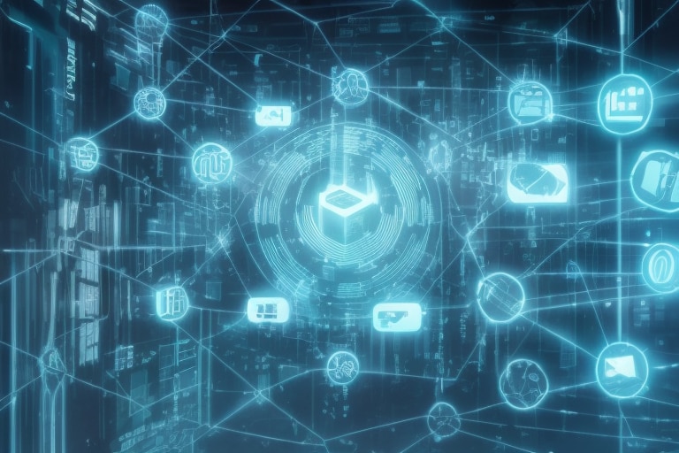 ブロックチェーン技術とデジタルネットワークが統合された次世代型の分散型システムの概念図