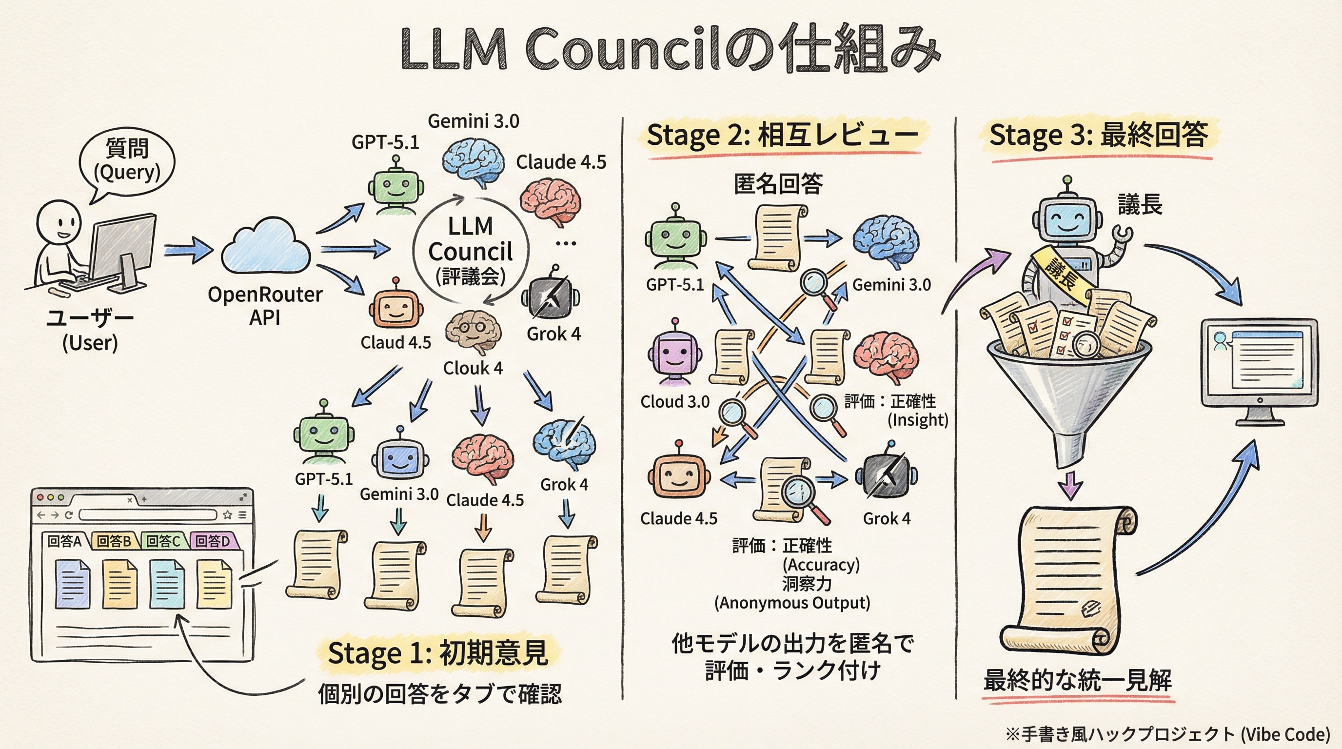 LLM Councilの仕組み。ユーザーの質問がOpenRouter APIで複数のLLMに送信され、Stage1で初期意見、Stage2で相互レビュー、Stage3で最終回答が生成される流れ