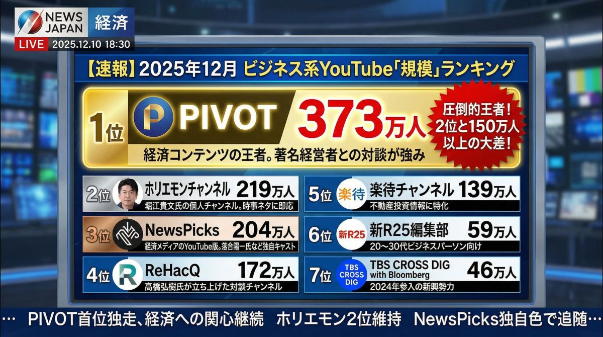 2025年12月ビジネス系YouTube規模ランキング：1位PIVOT373万人、2位ホリエモンチャンネル219万人、3位NewsPicks204万人