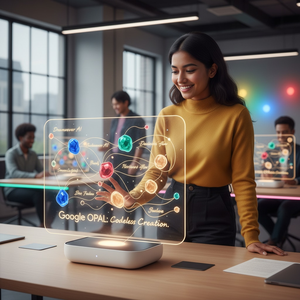 Google OPAL: Codeless Creation - AI生成ワークフローの可視化図と、黄色いセーターを着た女性がホログラム表示を操作する様子
