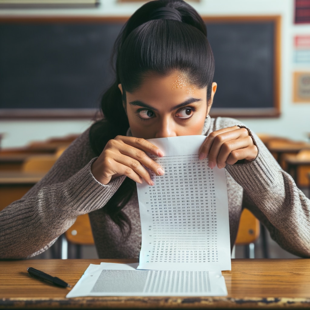 テストの成績表を持つ困惑した学生が教室で成績を確認している