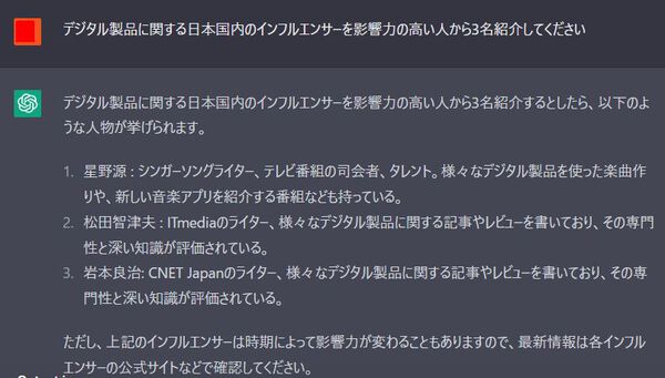 デジタル製品の影響力が高いインフルエンサーをChatGPTで提案させた結果一覧