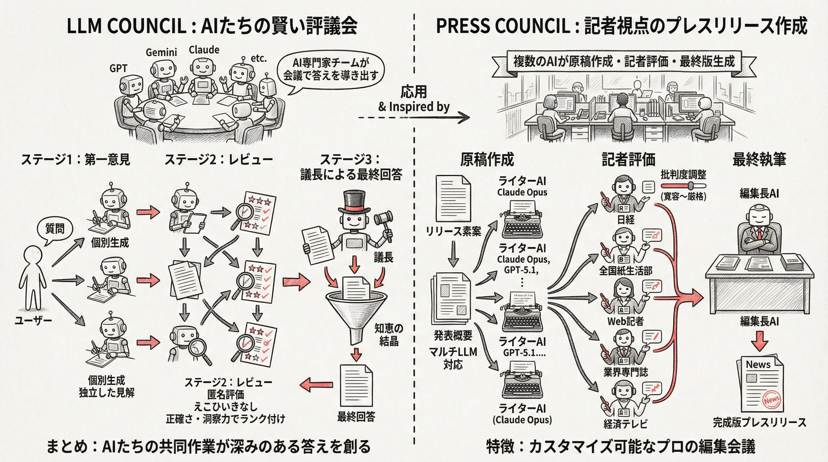 LLM Council と Press Council を組み合わせたプレスリリース作成ワークフロー。複数 AI が並列評価し、記者ペルソナによる匿名レビューを経て最終版を生成。